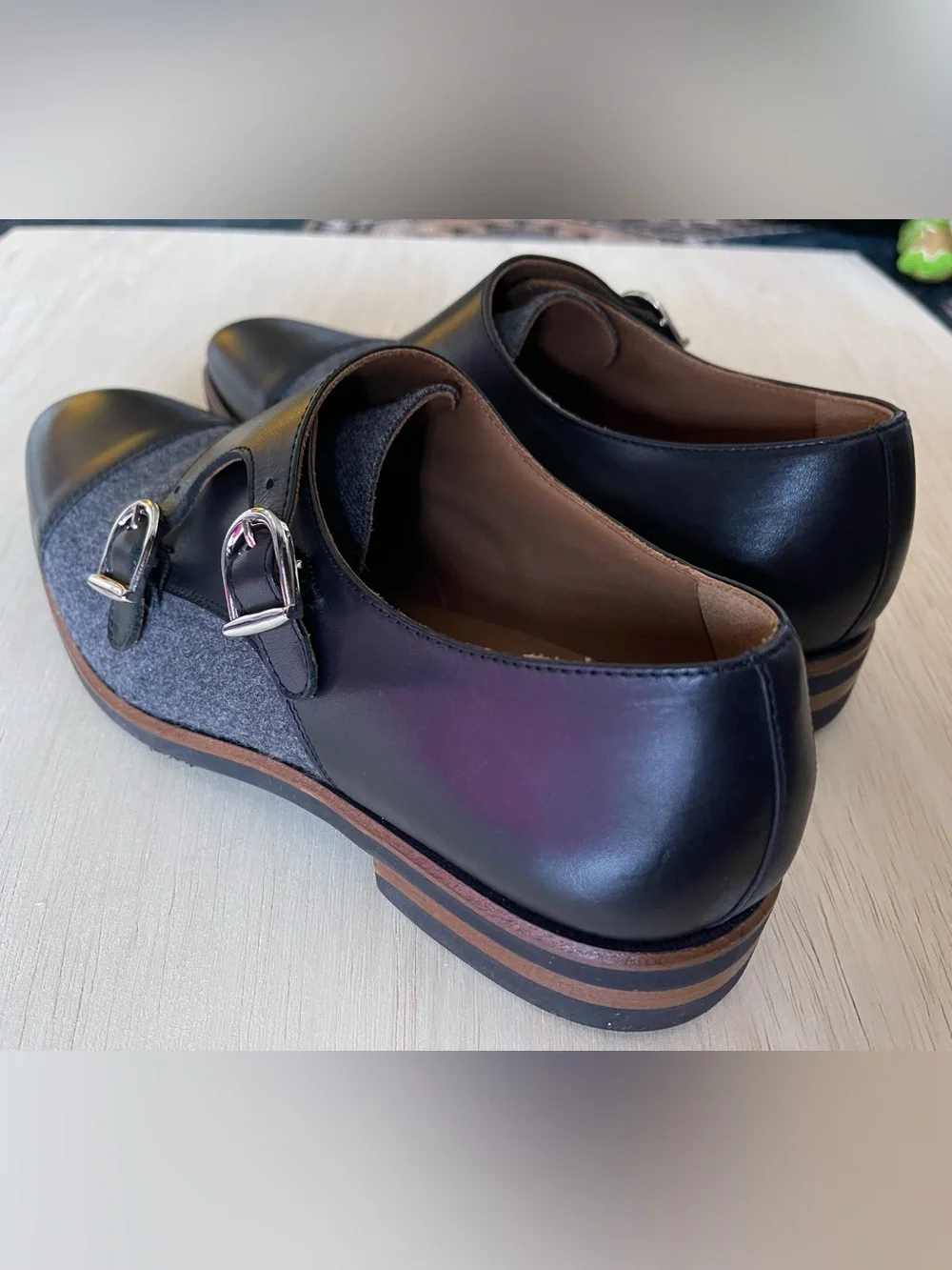 TAFT Double Monk Strap Leather & Wool Dress Shoes Men’s EU 40 / US 7 Gray Black